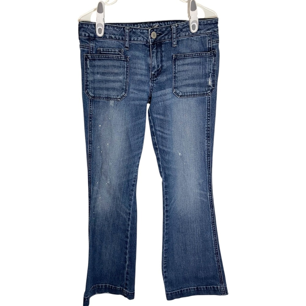 American Eagle 8 Blue Vintage Flare Jeans Patch Pocket Paint Splatter Boho Indie